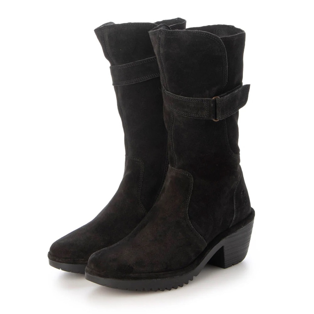 Fly London (EUR 40) Black Oil Mid Calf Suede Heeled Boots- Zip Up, Quiet Luxury